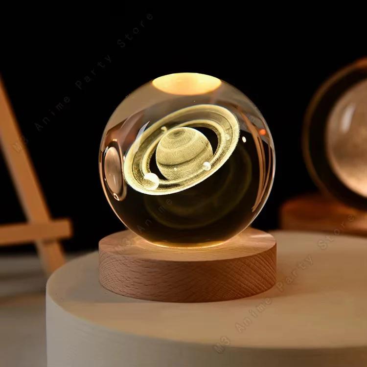 6cm Galaxy Solar System 3D Crystal Ball LED Night Light USB Charging Moon Planet Glowing Lamp for Bedroom Gift Home Decoration