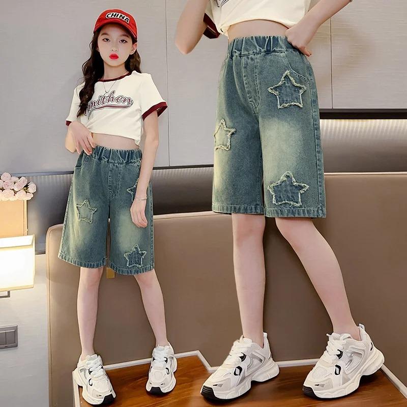 Girls Denim Shorts Summer Casual Loose Jeans Short Pants Children Wide Leg Pants Teen High Waist Straight Trousers