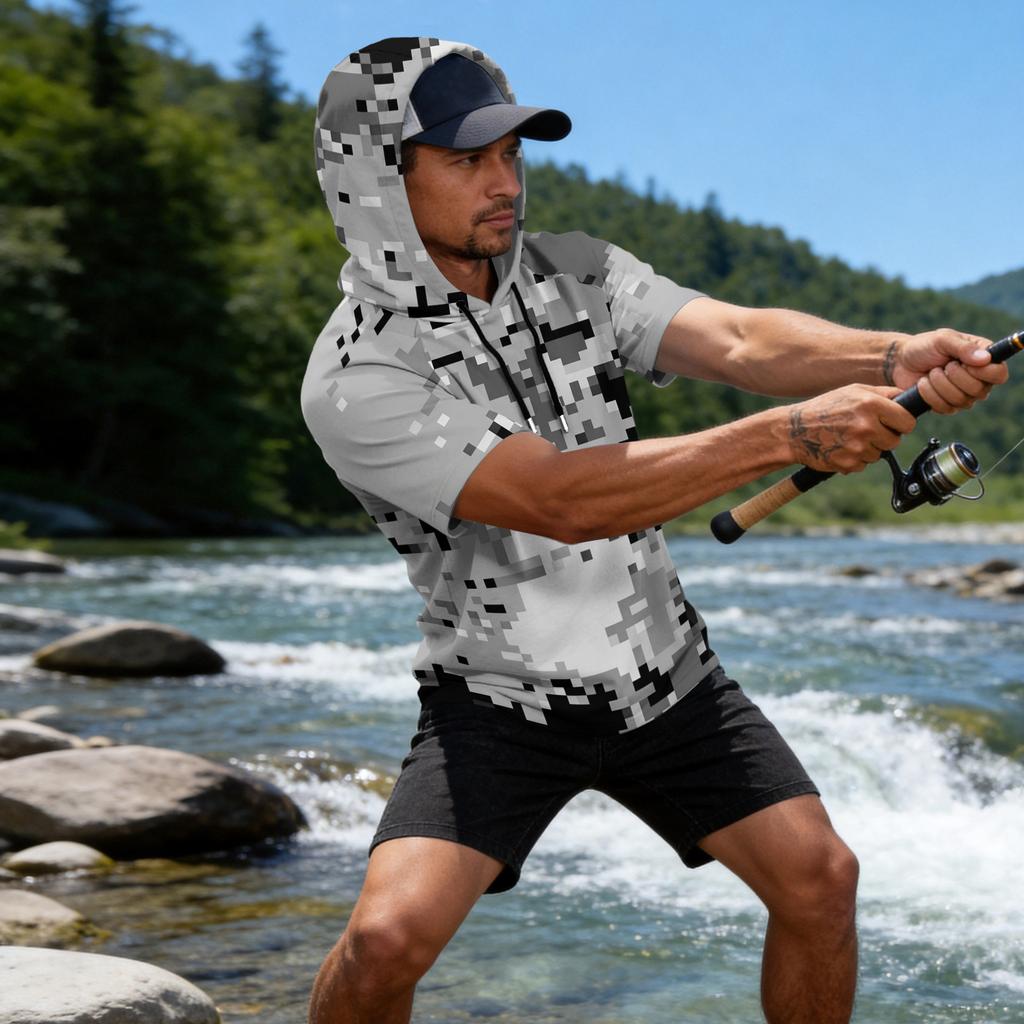 Sudadera con Capucha para Hombre Estampado de Camuflaje Manga Raglán Casual Pesca Deportiva Protección Solar Manga Corta Ligera Transpirable Camisa para Exteriores