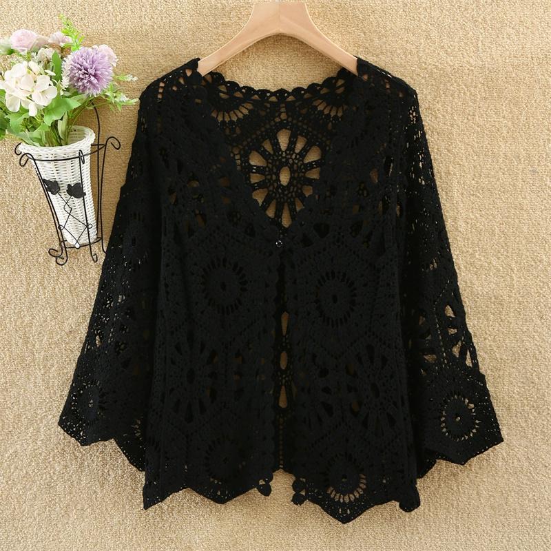 

Women s Shirt Hollow Out Female Coat Knitted Shirt Lace Thin Hook Flower Loose Solid Color Fashion Top Hoodie Versatile 5XL чорний