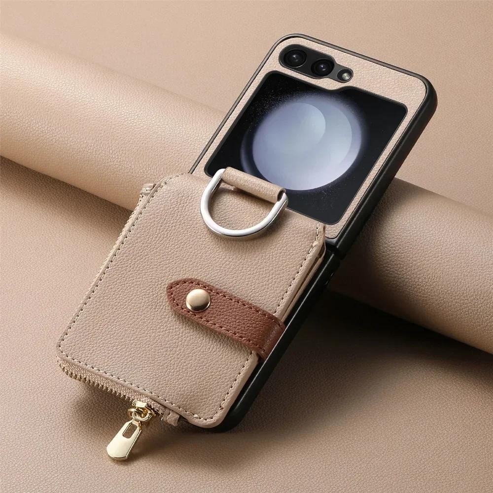 Prstenový kryt na telefon s držákem na karty pro Samsung Z Flip 6 5 4 3 Flip6 Flip5 Flip4 Flip3 5G Zipová peněženka PU kožený kryt