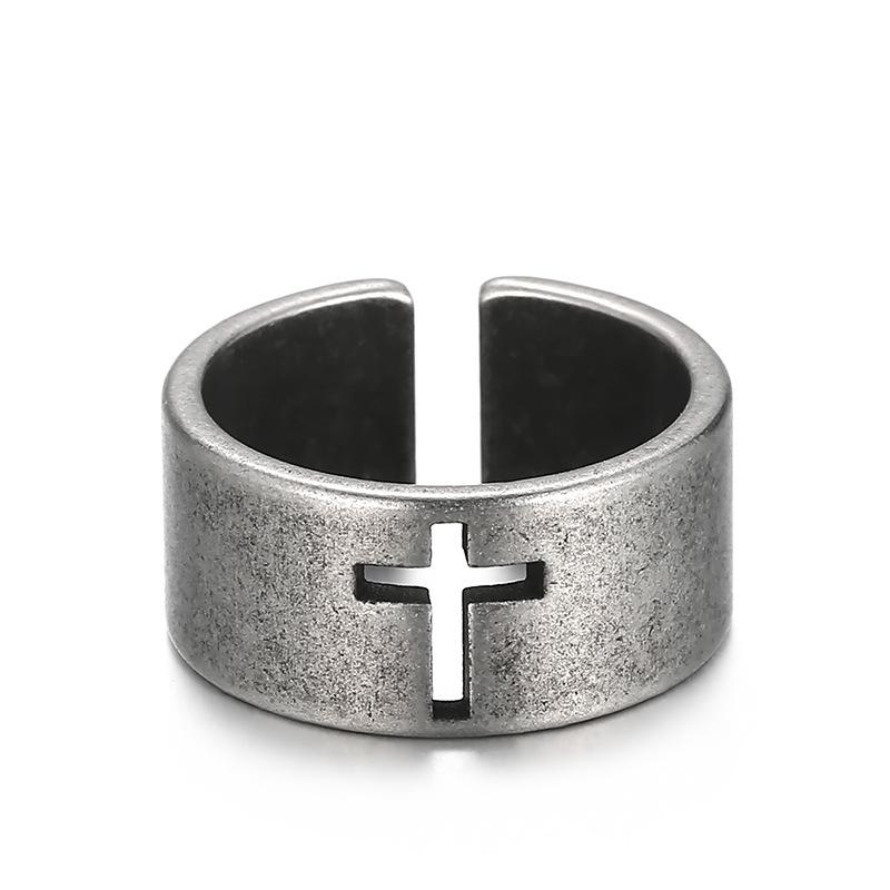 European and American Creative Personality Hipster Ring, Smearing Retro Old Titanium Steel Men's Hollow Cross Open Ring