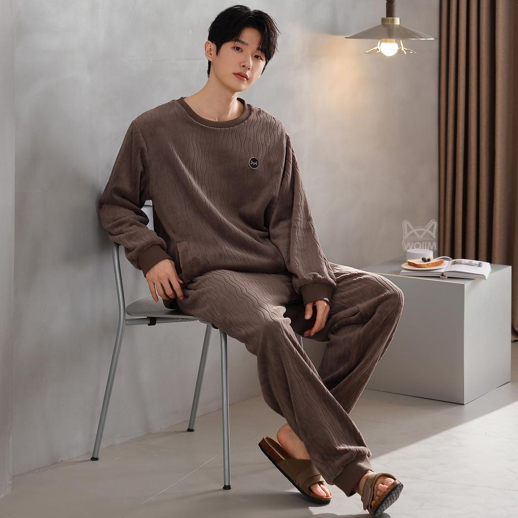 Pajamas Men'S Autumn And Winter Coral Fleece Thickened Fleece Winter Flannel Warm Homewear Set