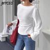 Women's Fashion Casual Solid Color Print Long Sleeve O-Neck Blouses & Shirts International Design