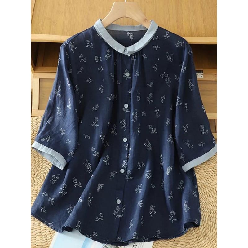 Women Navy Blue Floral Print Linen Stand Collar Half Sleeve Shirt M синий