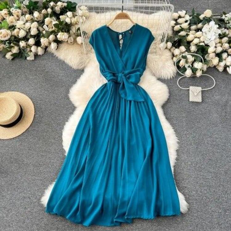 Sommer Neues Französisches Chic Maxikleid Damen V-Ausschnitt Ärmellos Schnürung A-Linie Falten Damenkleider Damen