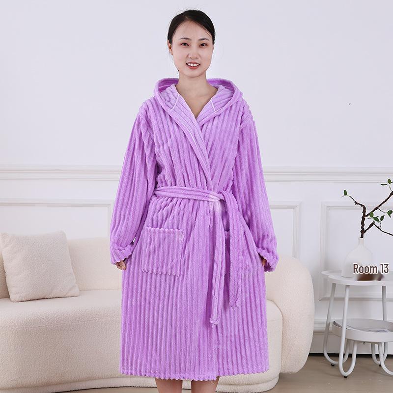 Dicker Kapuzen-Bademantel für Damen in Candy-Streifen, Übergröße, Korallenfleece