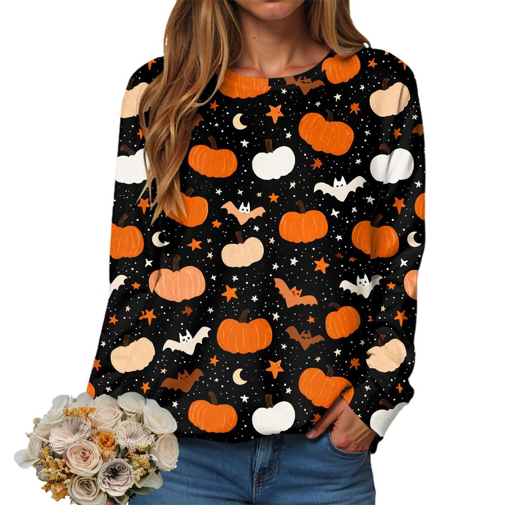 Halloween Women round-neck sweatshirt Hoodies Autumn Women Clothing Orange ghost pattern 3D printing Womens festival Sweaters