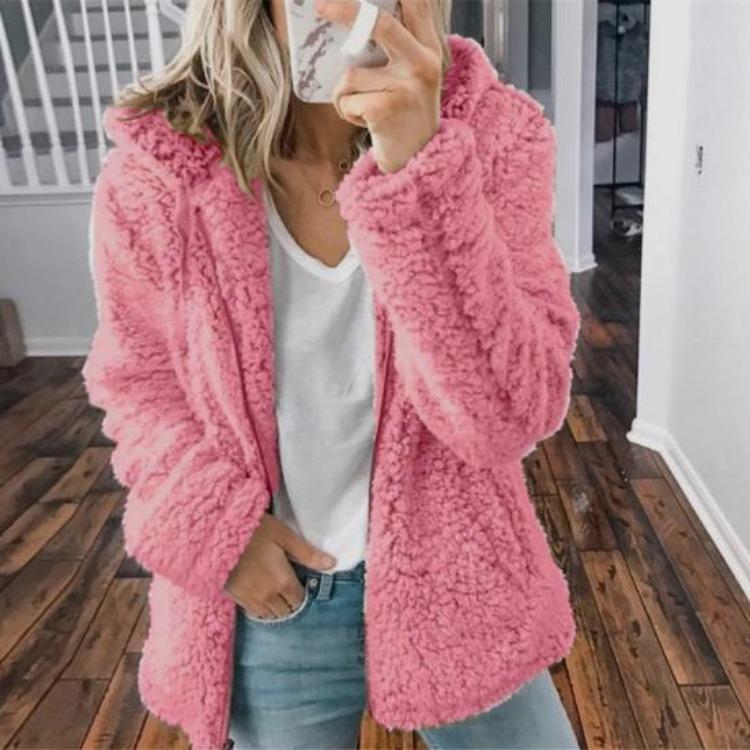 Warme Damen Sherpa Jacke mit Kapuze Fleece Mantel Freizeit Einfarbig Plüsch Reißverschluss Winddicht Herbst Winter Strickjacke