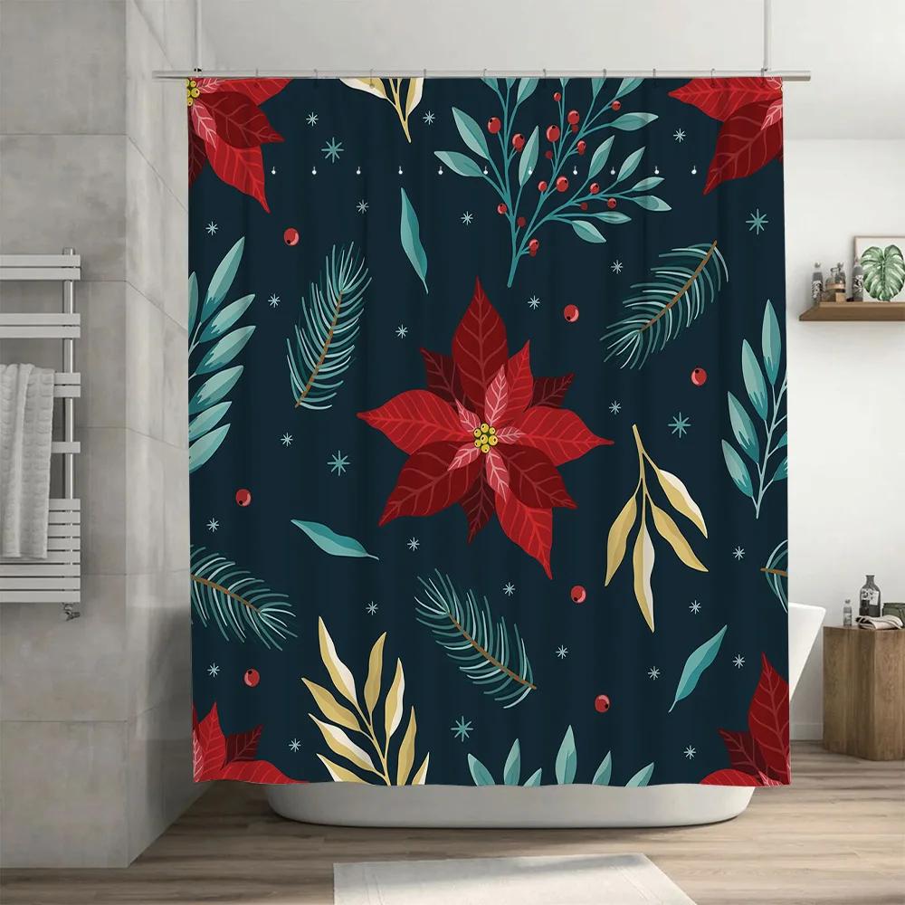 GAEStylish Blue Floral Shower Curtain with Christmas Poinsettias for Bathroom Decor Waterproof Fabric Easy Installation Kit In