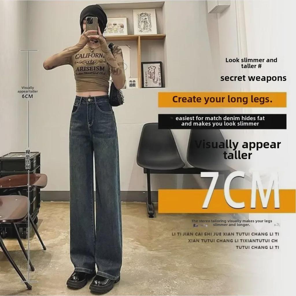 Women's Cement Gray High-Waist Wide-Leg Jeans - Plus Velvet, Slim, Loose, Drapey, Small Size for Autumn/Winter.