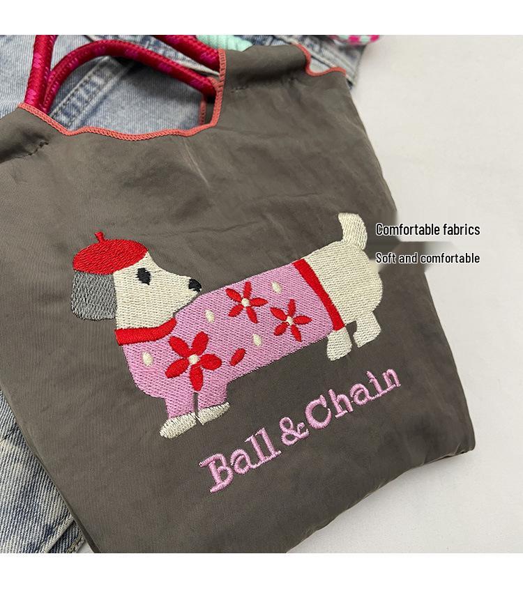 Korean Embroidered Dachshund Cartoon Women's Fashion Handbag - Versatile Color Block Shoulder and Crossbody Bag