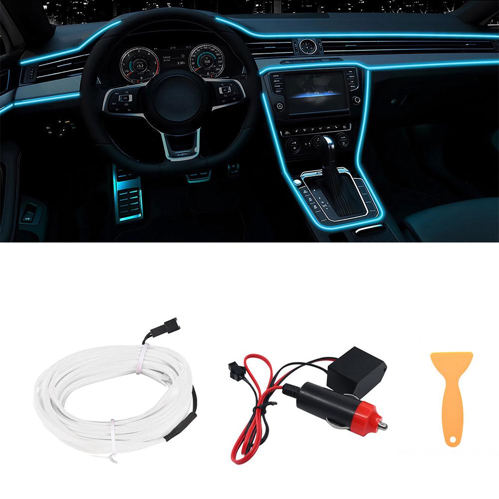 Cold Light EL Wire Interior Car LED Strip Lights, 197 Inch Neon Glowing El Wire Lights Ambient Lighting Kits for Car Decorations
