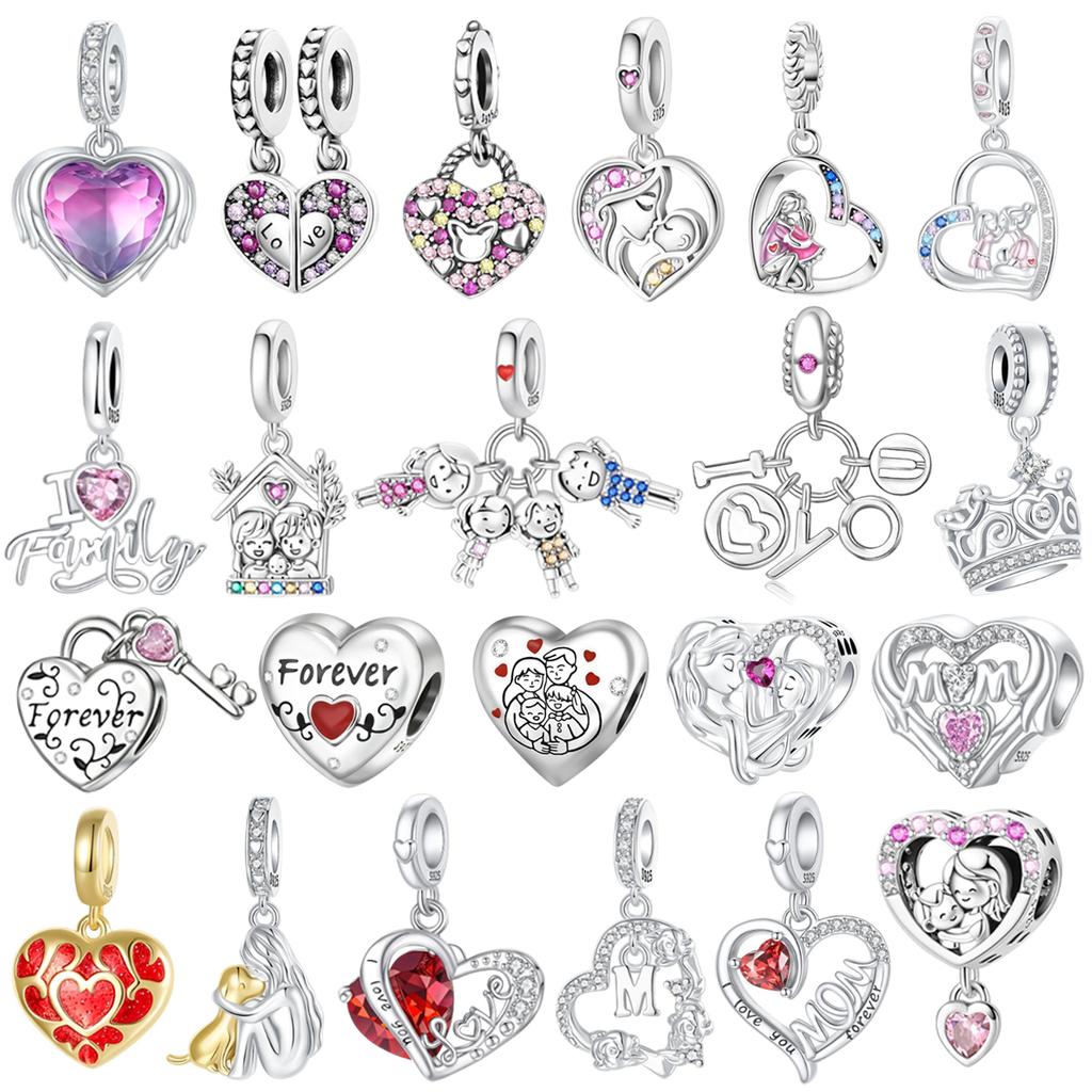 New 925 Silver Mother's Day Themed Love Family Crown Pendant Beads fit Original Bracelets Necklaces DIY Jewelry Gifts