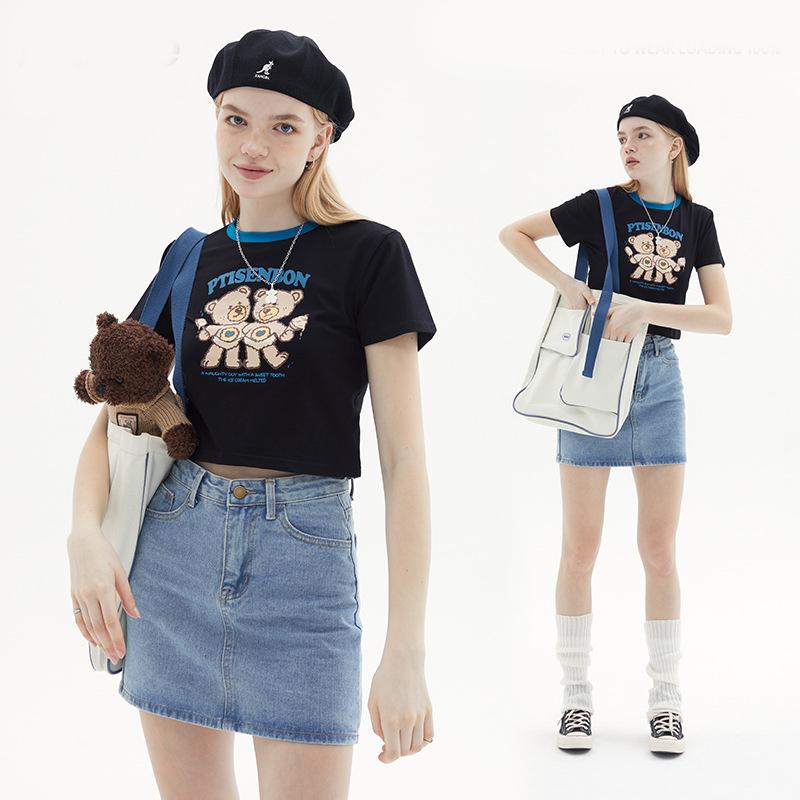 

Летняя женская корейская версия The Bear Hits The Color, чтобы показать тонкую футболку с короткими рукавами. Женский тонкий маленький короткий топ.