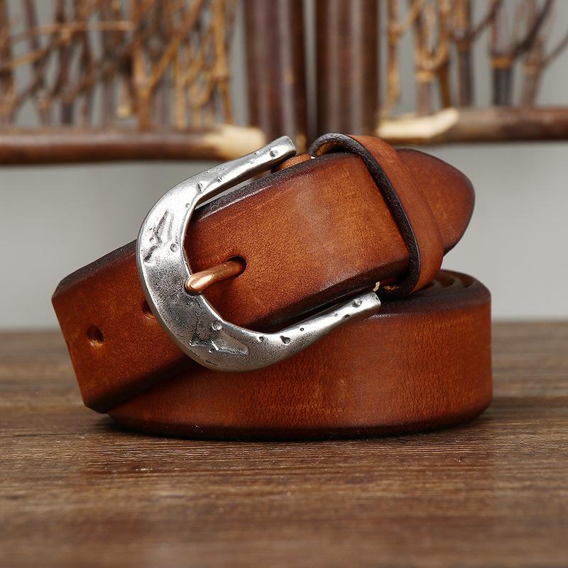 Men's Leather Belt Amekaji American Retro Manual Thickened First Layer Cowhide Stainless Steel Buckle Genuine Leather Belt Men's