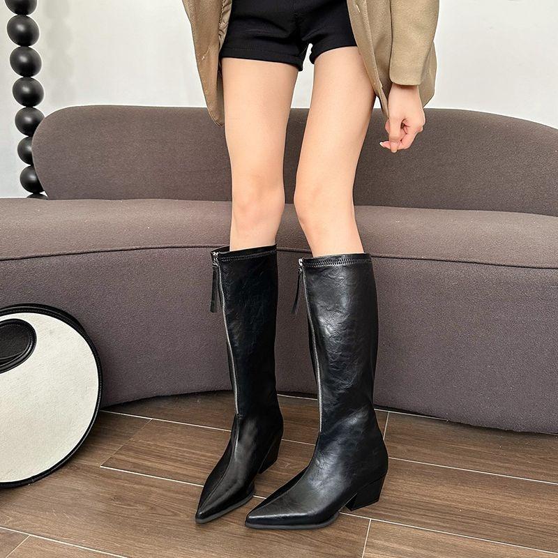 Fashion Pointed Toe Zipper Knee High Shaft Shoes Woman New In Footwear On Offer Goth Designer Luxury Pu 2025 Rock Long Boots for Women