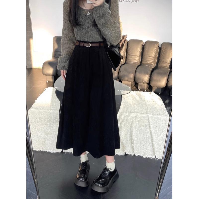 Women's Retro High Waist Corduroy Skirt, Slimming A-Line with Wide Hem, Mid-Length for Autumn
