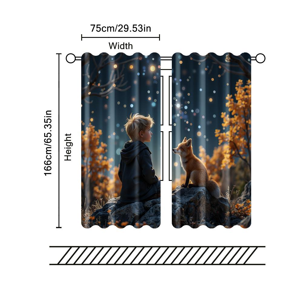 2 Pcs, Filtering Curtains (excluding Rods, Non-movable, Without Batteries) Boy & Little Fox for Use In Bedrooms and Living Rooms