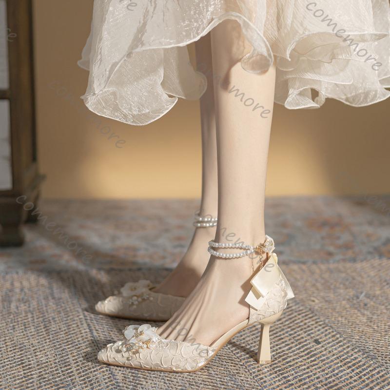 Fashion Comemore Spring Autumn New Bow Hollow High Heels Temperament Pearl Chain Pointed Toe Pumps for Women Dress Heeled Single Shoes