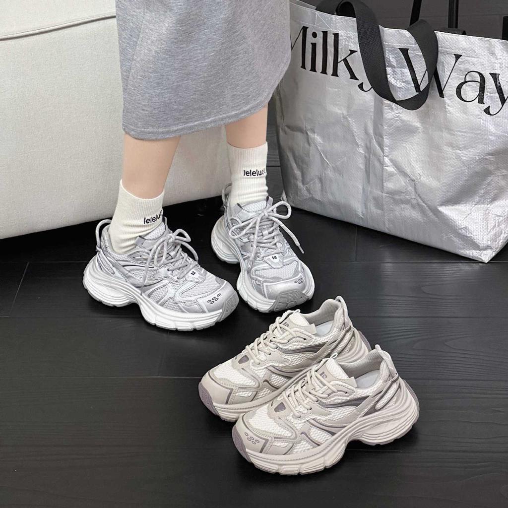 Mesh Platform Dad Shoes Women's Spring New Leather Non-slip Fashion Versatile Breathable Casual Sports Shoes