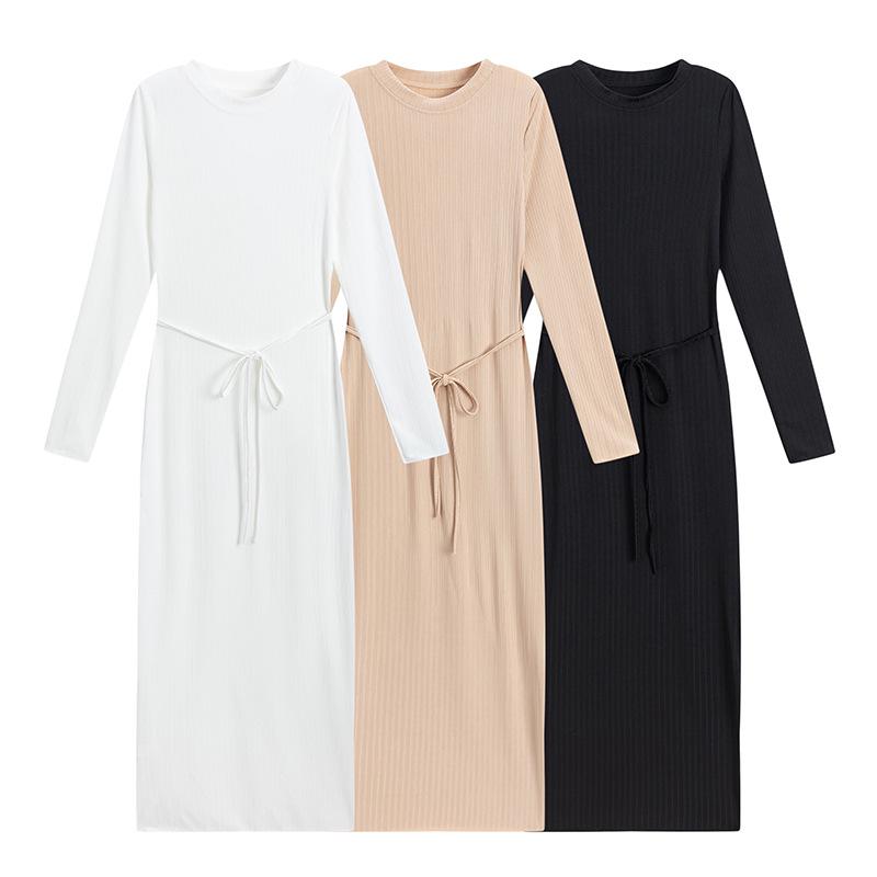 2025 Spring/Summer Women's Slimming Round Neck Rib Knit Maxi Dress