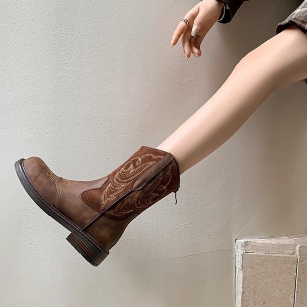 Maillard Brown Boots Women's Summer Western Cowboy Boots 2025 New Retro Thick Heel Martin Boots Knight Boots