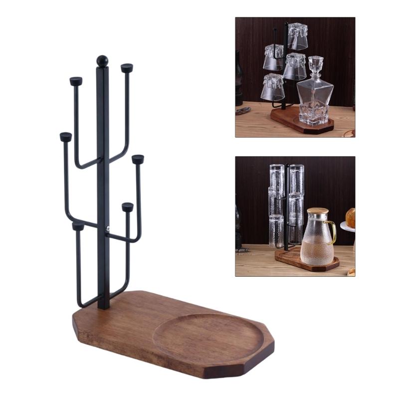 Sturdy Metal Wood Cup Holder Coffee Mug Rack with 6 Hooks and Wooden Tray Counter Display Stand for Kitchen Accessories