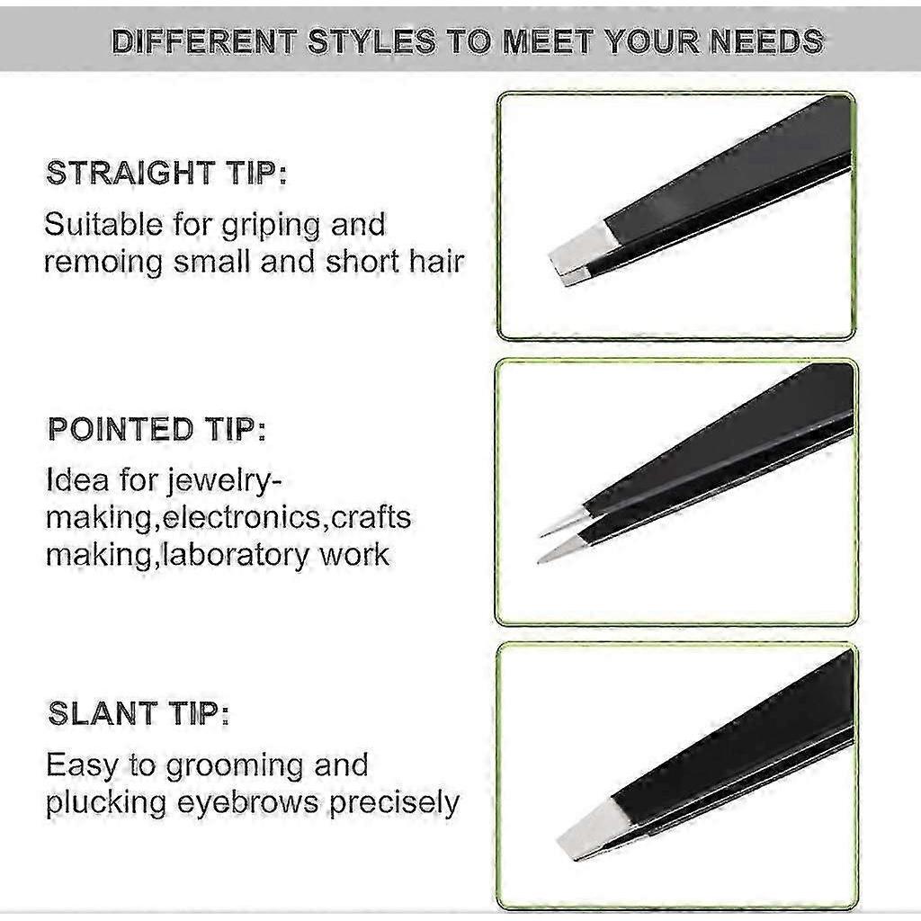 Professional Eyebrow Tweezers Set, 3 Pieces Stainless Steel Precision Tweezers for Plucking Eyebrows (Black)