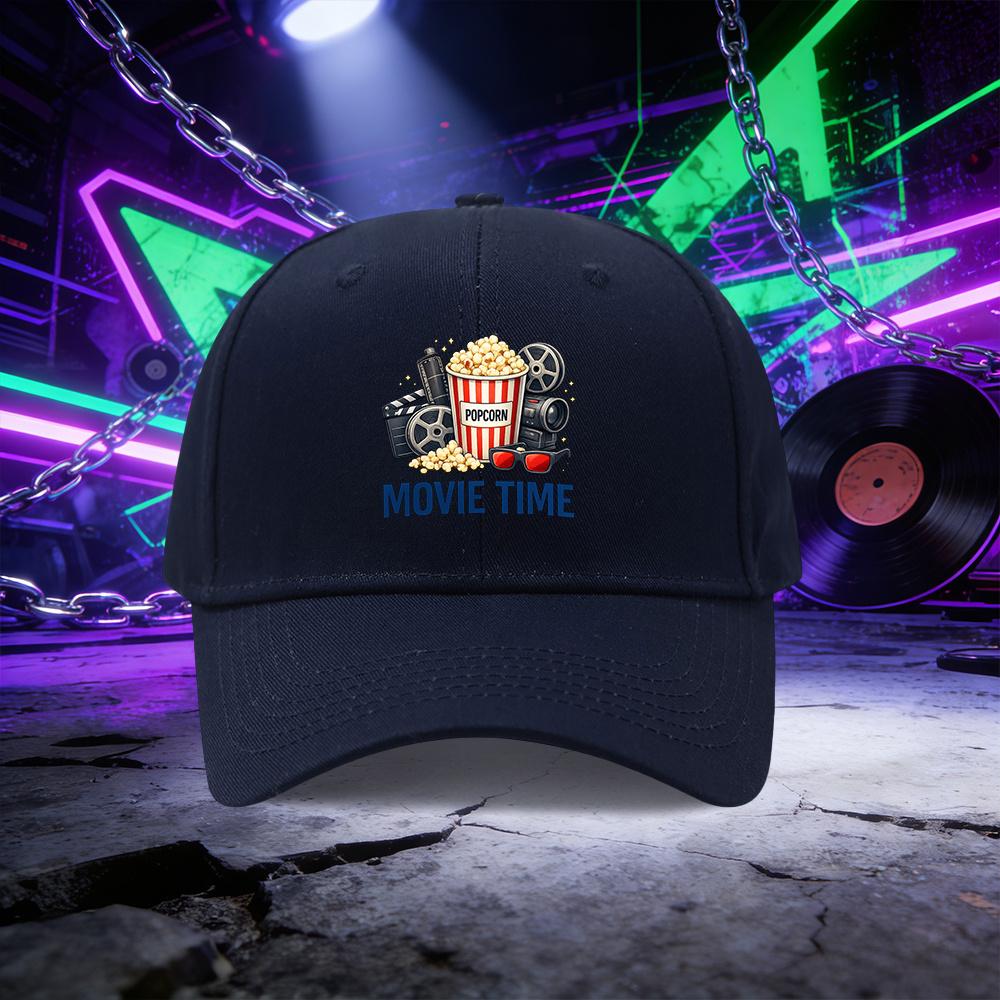 A Baseball Cap Featuring the MOVIE TIME Popcorn Design a Unisex Outdoor Sports Sun Hat Suitable for Couples Available In Mul