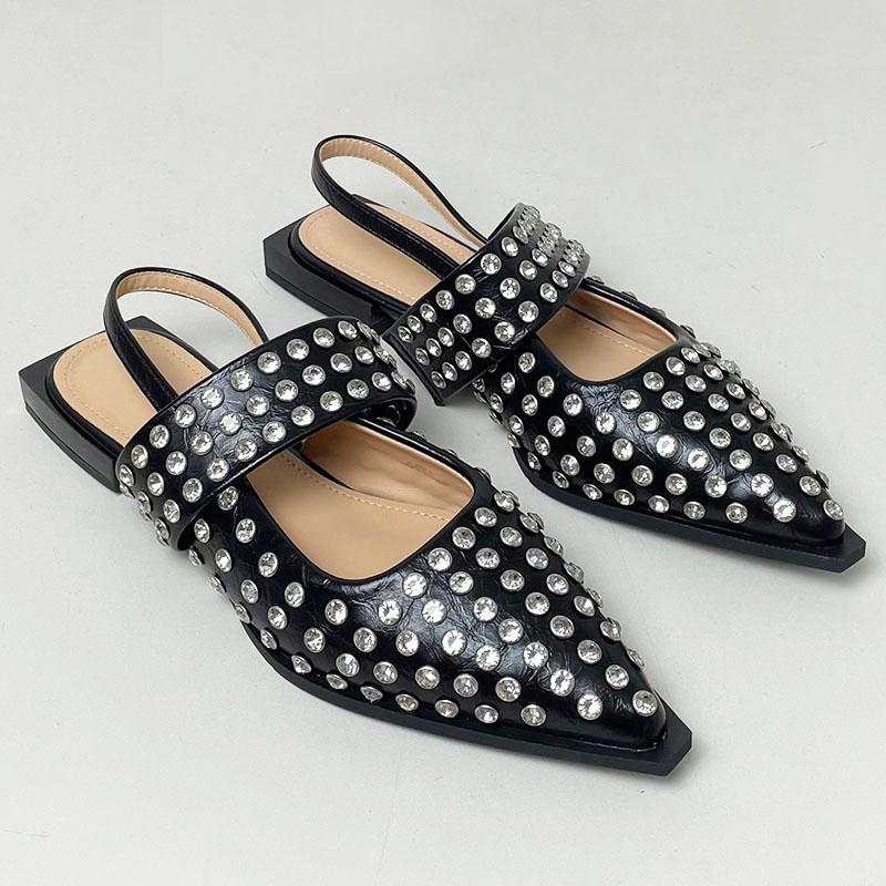 

Модные новые женские дизайнерские неглубокие сандалии Женские балетки Обувь Стразы Мода Острый носок Обувь Сандалии на плоской подошве Обувь для леди 35 чёрный