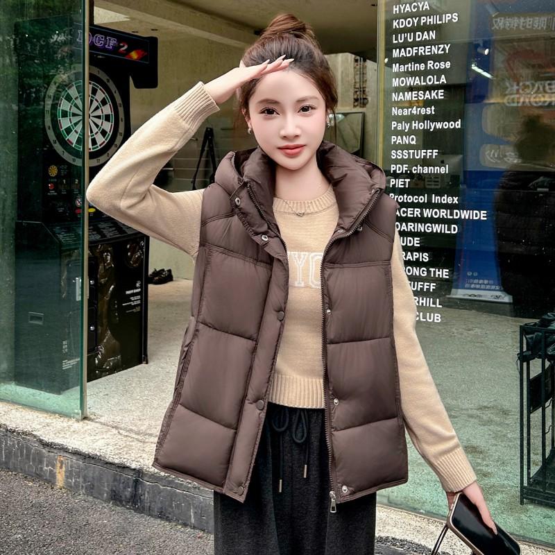 Womens Casual Hooded Puffer Vest Fall Winter Loose Sleeveless Cotton Jacket Solid Color