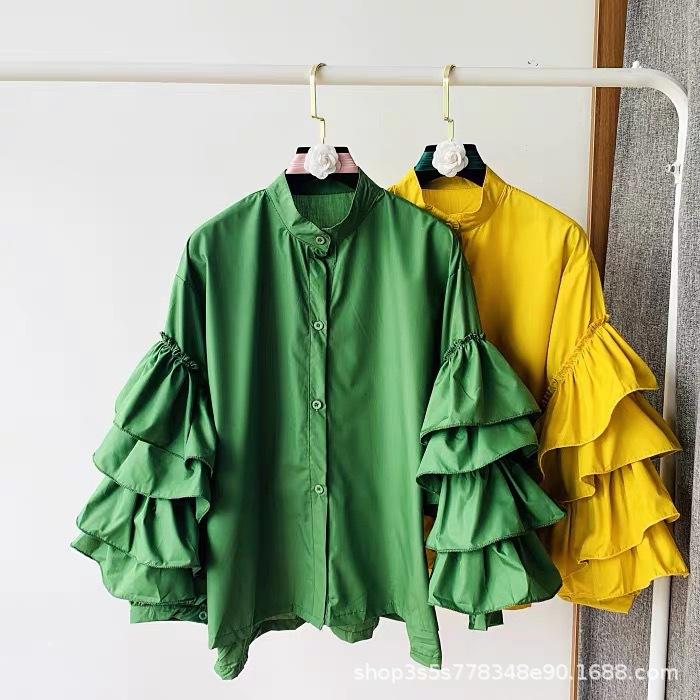 Stylish Shirt Women's Layered Ruffled Flared Sleeve Shirts Loose Stand-up Collar Tops