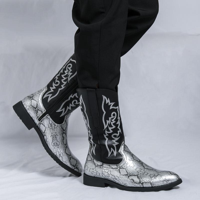 Knight pointed leather boots Fashionable embroidery styles Outdoor street walking motorcycle Daily Trendy Party Adult shoes