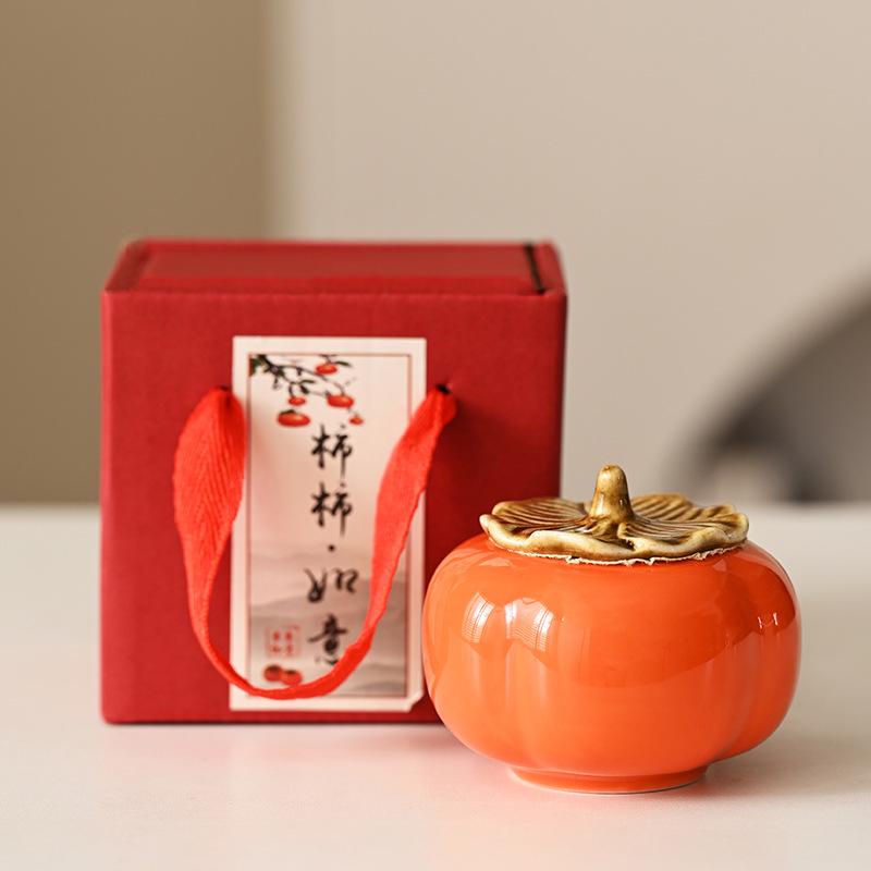Charming Persimmon Ruyi Ceramic Tea Box & Mini Candy Jar Gift Set