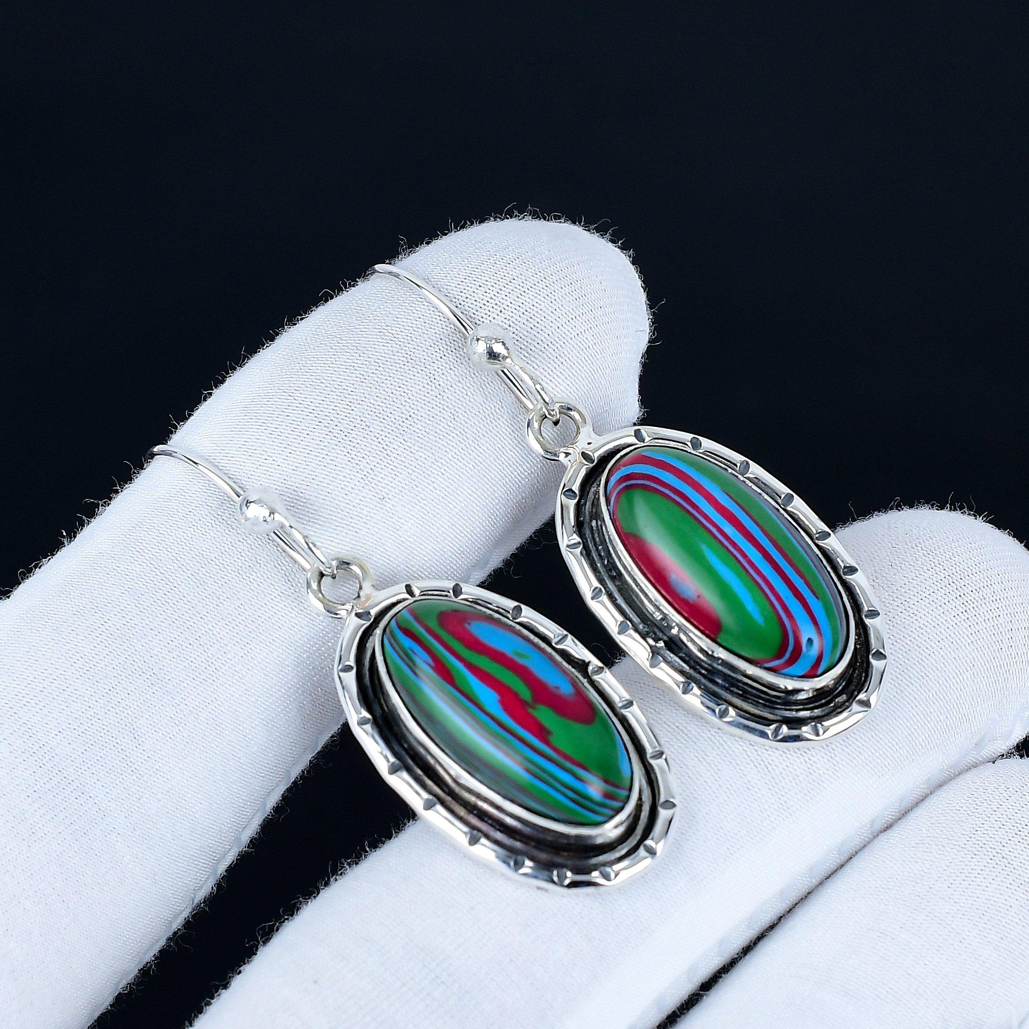

Rainbow Calsilica Gemstone Earrings, 925 Sterling Silver Earrings, Handmade Silver Earrings For Gift, Rainbow Calsilica Dangle Drop Earrings Wife Gift 5.5 Cm