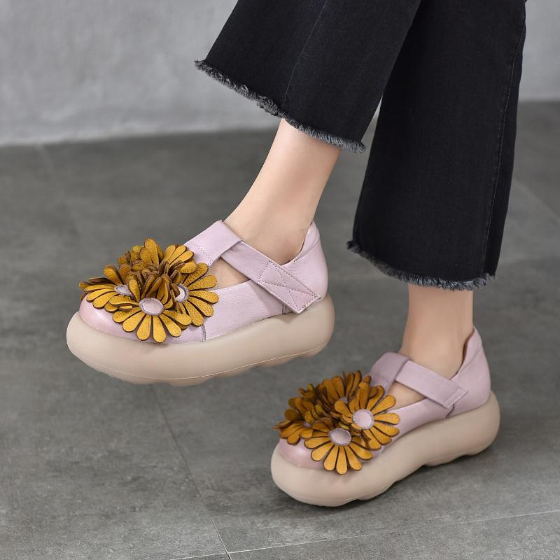 Johnature Ethnic Style Flower Thick Soled Sandals Genuine Leather Versatile Women's Platform Shoes