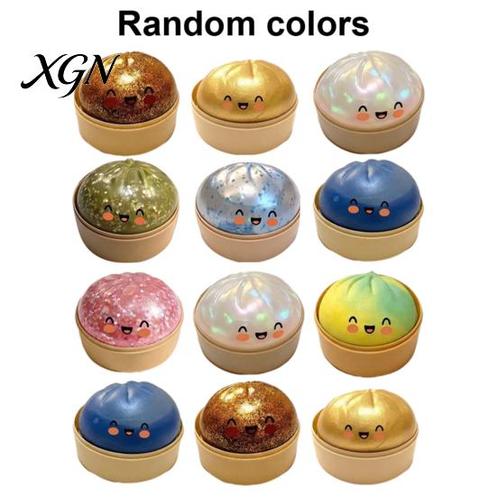 TPR Stress Ball 12Pcs Steamed Bun with Steamer Anti-Anxiety Glitter Cartoon Relaxation Squeeze Dumpling Toy Simulated Dough Fidget Sensory Reliever