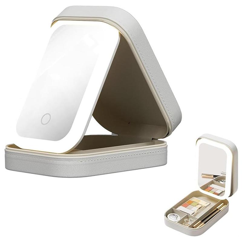 

Дорожный ящик для хранения кистей для макияжа с зеркалом, портативный чехол для хранения косметических инструментов и кистей для макияжа, 3 цвета, светодиодная регулируемая коробка бежевый