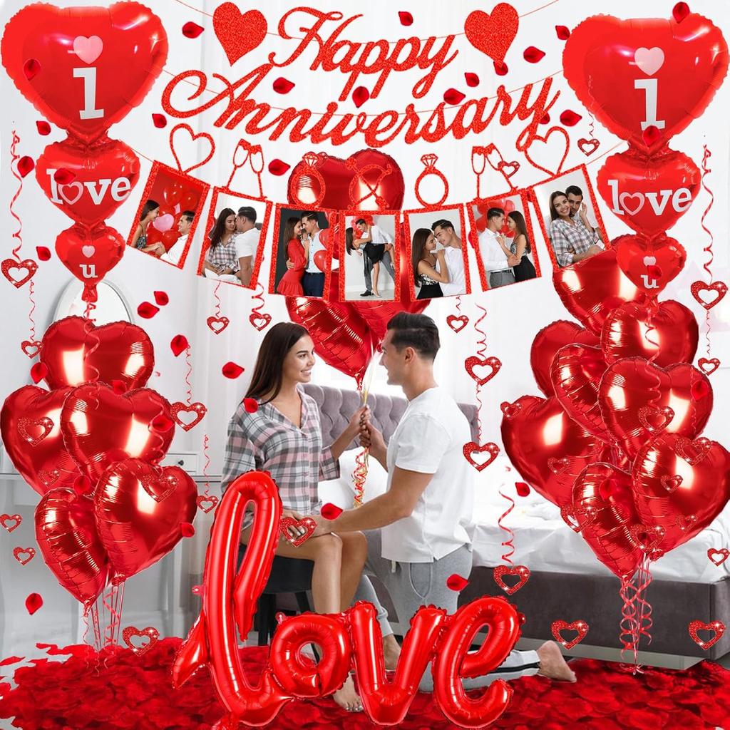 Happy Anniversary Decorations Set - Happy Anniversary Banner and Balloons, Photo Banner, I Love You and Red Heart Balloons with Rose Petals for