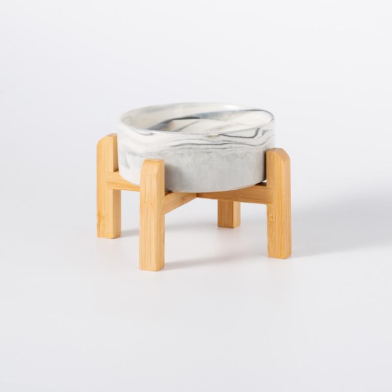 Ceramic Pet Food Bowl with Elevated Bamboo Stand - Anti-Tip Design for Dogs and Cats, Protects Cervical Spine