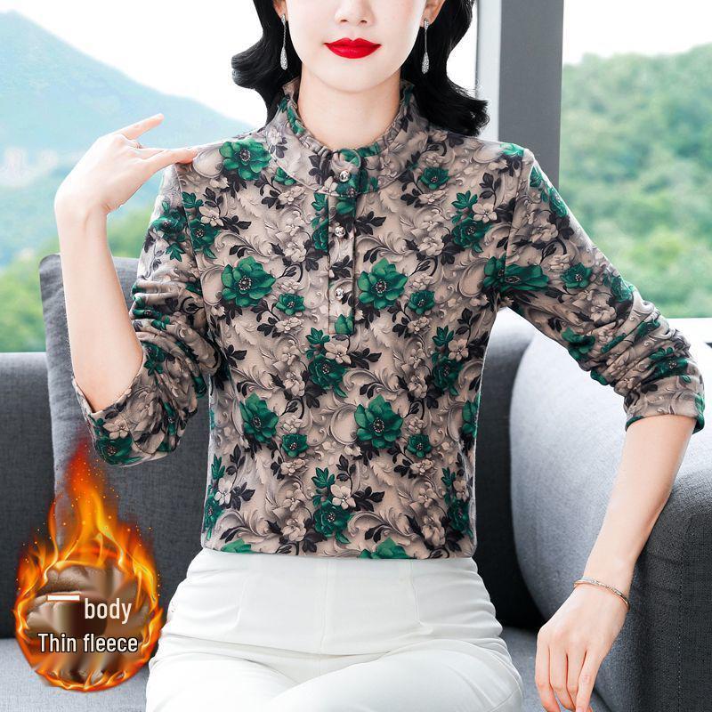 

Новый цветочный топ на пуговицах со стойкой - Флисовая подкладка, длинный рукав для женщин среднего и пожилого возраста, идеально для осени/зимы 2XL зелёный