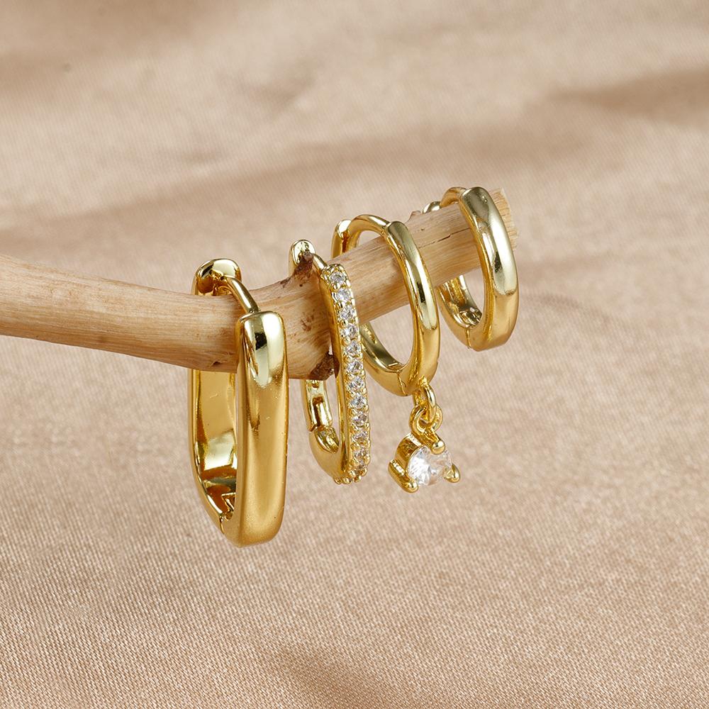 4PCS Luxury Gold Plated U-shape Hoop Earrings Set for Women Geometric Pendant Huggie Punk Unisex Rock Earring Piercing Jewelry