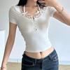 Halter Neck Lace Trim Bow Cute Black Y2K T-Shirt Women Button Up Slim Short Sleeve White Tees Sweet Balletcore Clothing