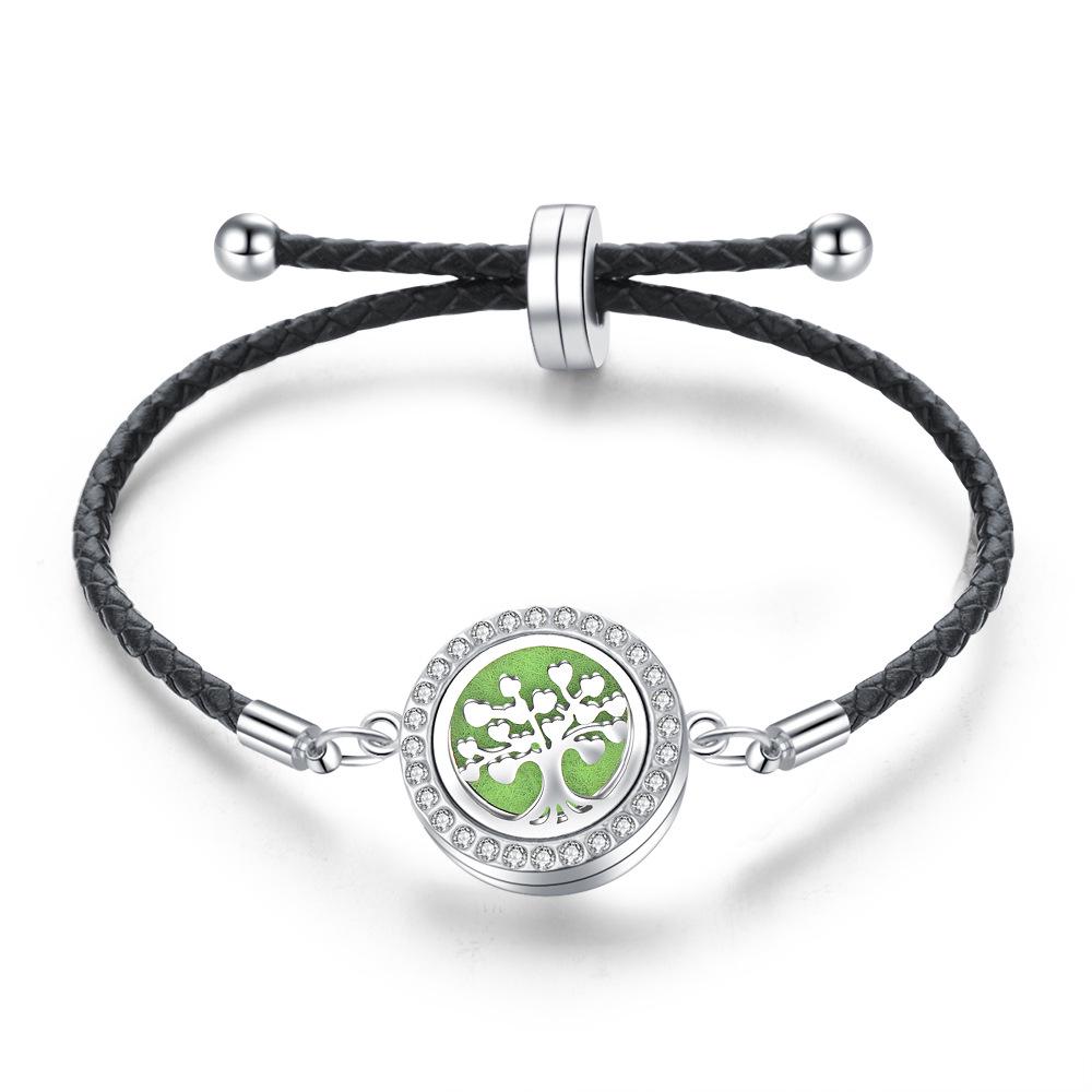 Stainless Steel Tree of Life Aromatherapy Bracelet with Diamonds and Leather Band