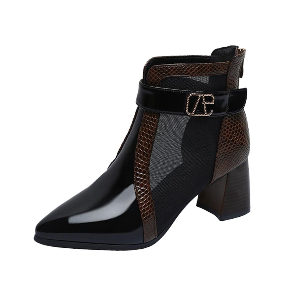 Women's Fashion Mesh Hollow Pointed Ankle Boots Leather Top High Heel Back Zip Boots Women Lug Sole Platform Boots