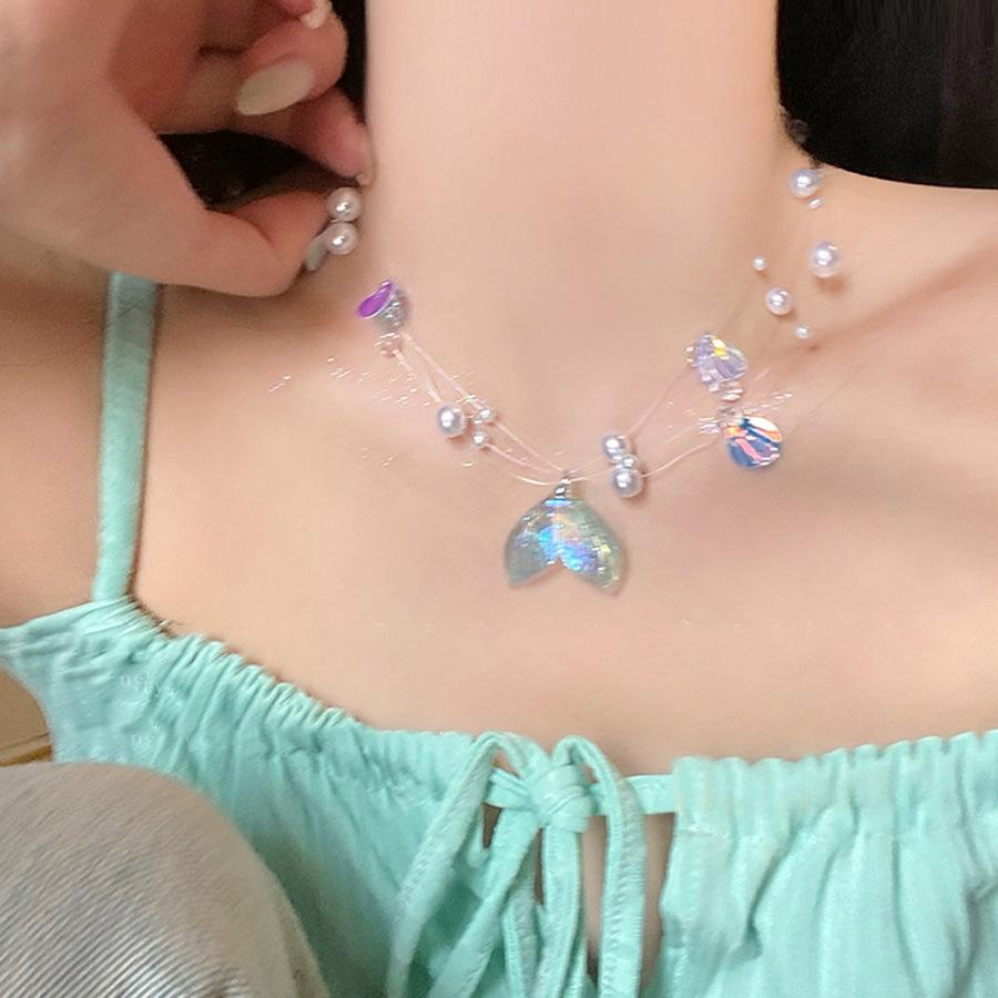 Pearl Glass Shell Fishtail Pendant Necklace Fashionable Exquisite Small Fresh Collarbone Chain Leisure Vacation Style Necklace Women