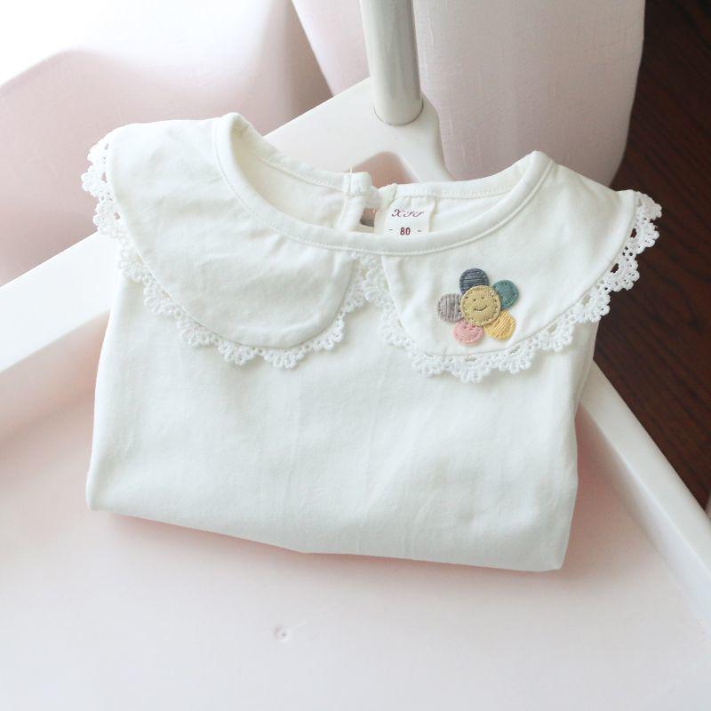 Girls' White Peter Pan Collar Long Sleeve Cotton T-Shirt for Spring/Autumn