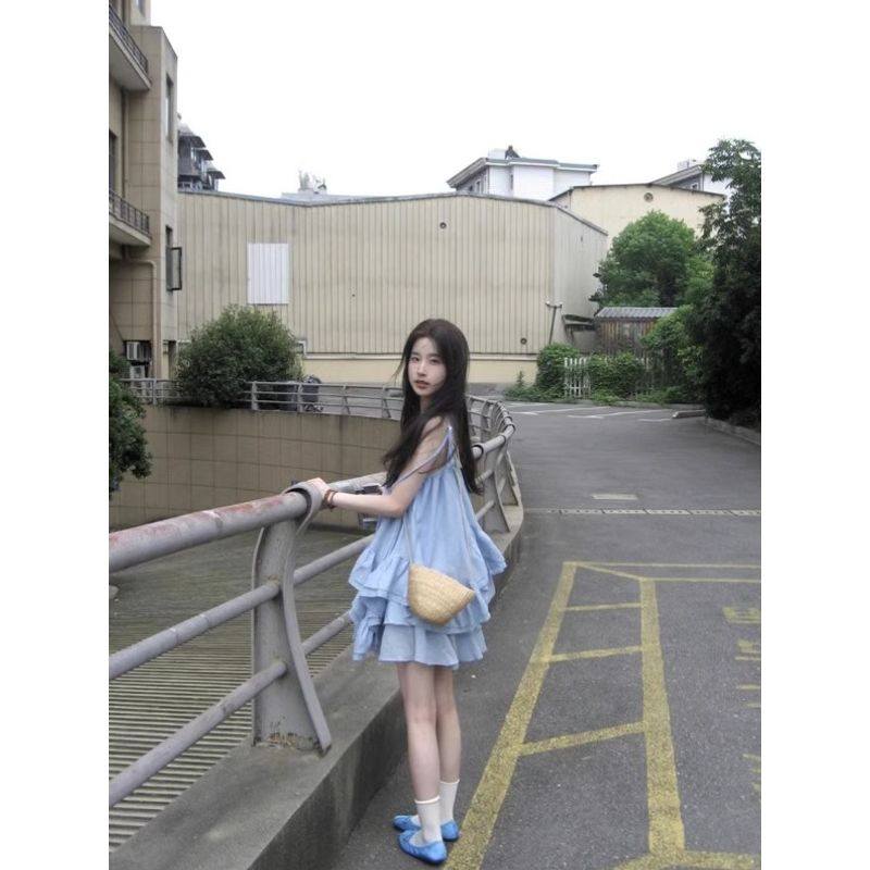 Kumikumi Seaside Holiday Style Blue Irregular Vest Sling Women Summer Cake Skirt Skirt Two-piece Set