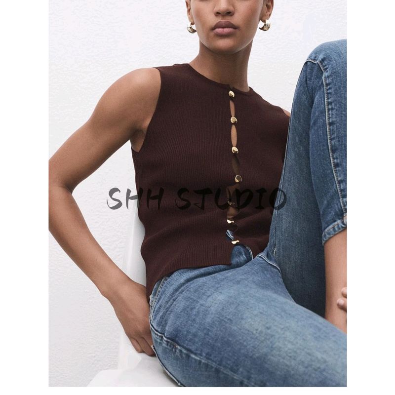 Autumn New Women Clothes Casual Round Neck Sleeveless Metal Button Decoration Knitted Slim Fit Vest 17034140